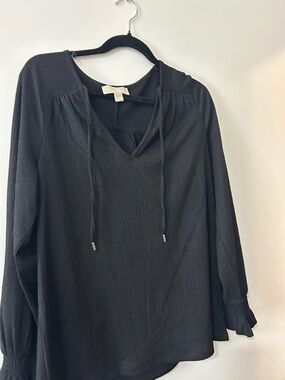 Michael Kors Black Long-Sleeve V-Neck Tie Blouse